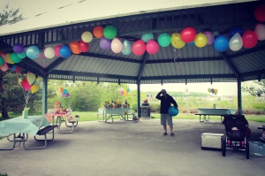setting up the balloon themed party at Claudette Cain Park